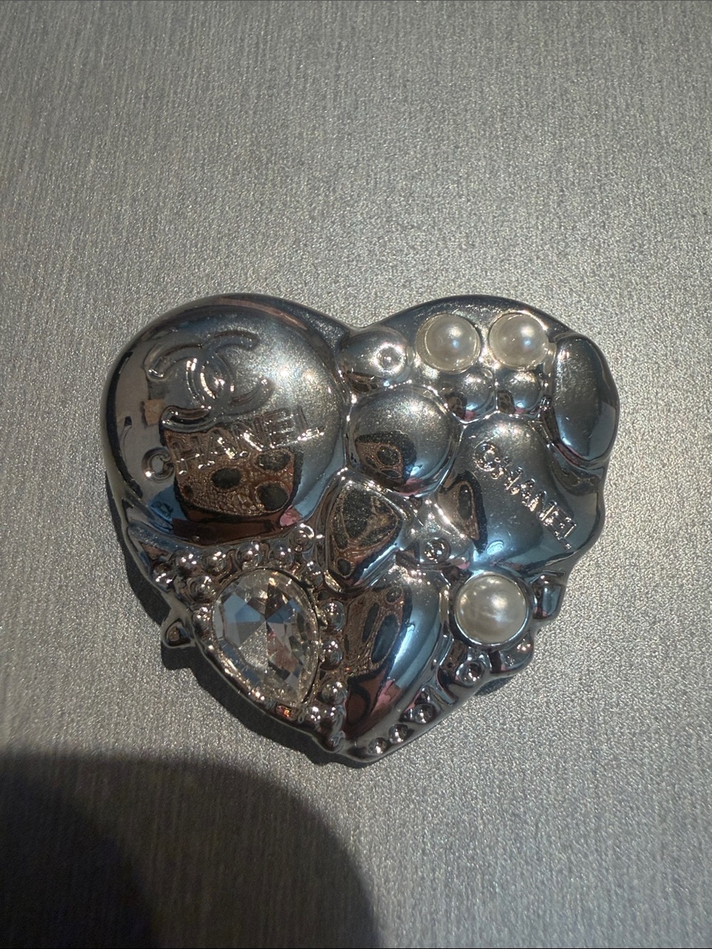 Inspired Silver-Tone Heart Brooch with Faux Pearls and Crystal